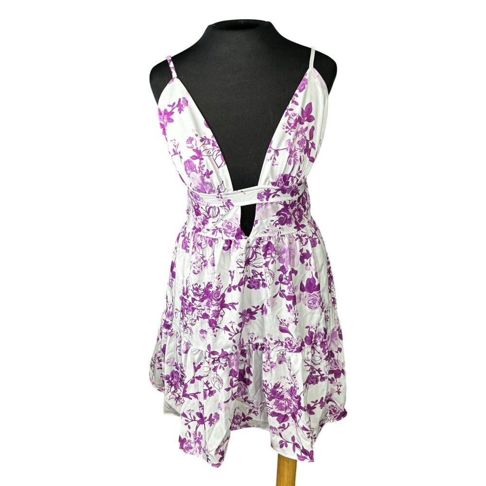 Shein White & Purple Floral Print Mini Dress With Halter Neck & Open Back Design